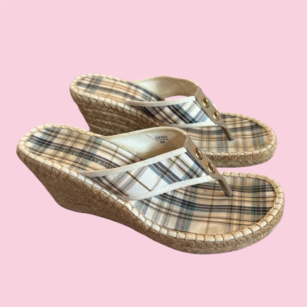 Y2K white and blue plaid wedge espadrille sandals